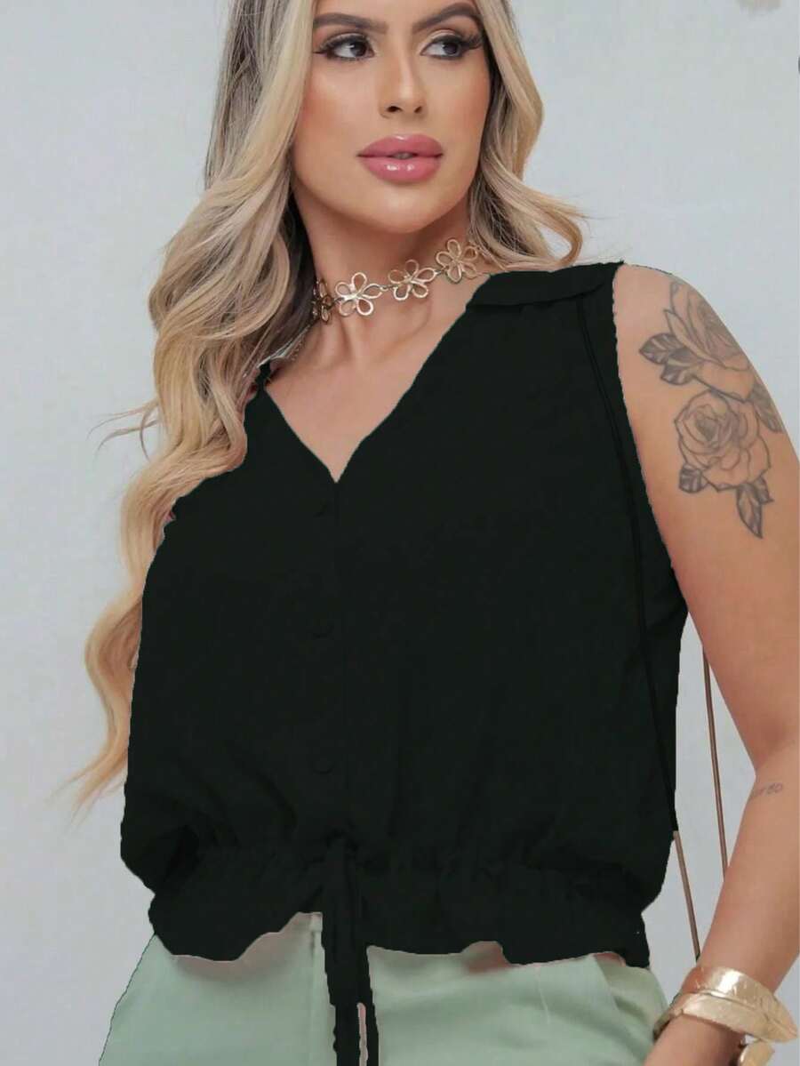 Women's Plain Viscose Linen Fabric Tank Top With Button - màu đen - Xem 1