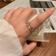 可调节女士复古风格纹理雕刻 18K 镀金枫叶锆石戒指 - 金色 - 查看 6