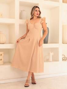 Victory Plain Dune Wave Midi Dress With Ruffle On The Sleeve - 米色 - 查看 2