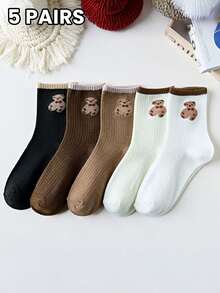 5 双女士袜子四季多色袜子多风格卡通动物熊兔子花朵可爱时尚甜美休闲袜，柔软舒适，适合居家、聚会和外出活动 - 彩色 - 查看 2