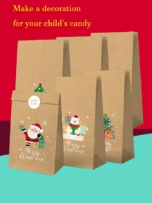 1/12 件牛皮纸圣诞礼品袋，圣诞快乐印花饼干/糖果/礼品包装袋，带贴纸，儿童礼品包装 - 彩色 - 查看 5