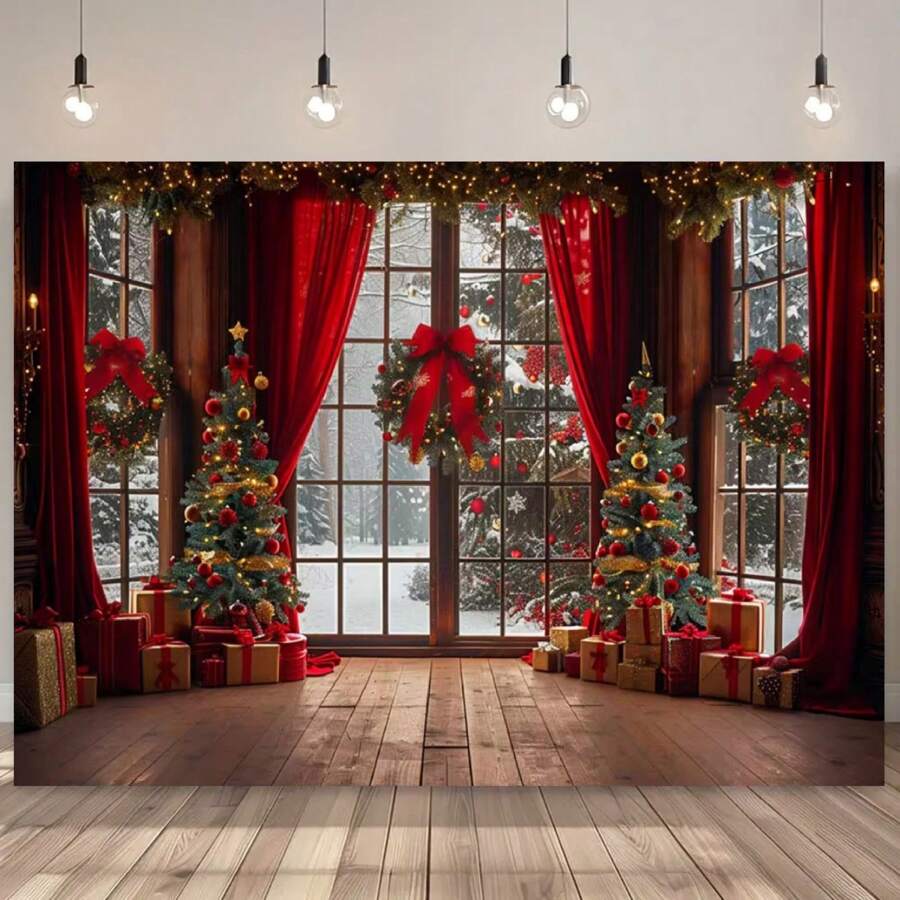 冬季圣诞场景背景 1 件 - 带节日橱窗、圣诞树和礼品盒的摄影背景，适用于节日派对、肖像、一般庆祝活动 - 无需电力，无羽毛