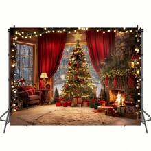 1 pezzo Sfondo con scenografia di albero di Natale e camino, adatto per foto e decorazioni natalizie, banner universale in poliestere, multifunzionale, utilizzabile per qualsiasi occasione, senza fonte di alimentazione richiesta