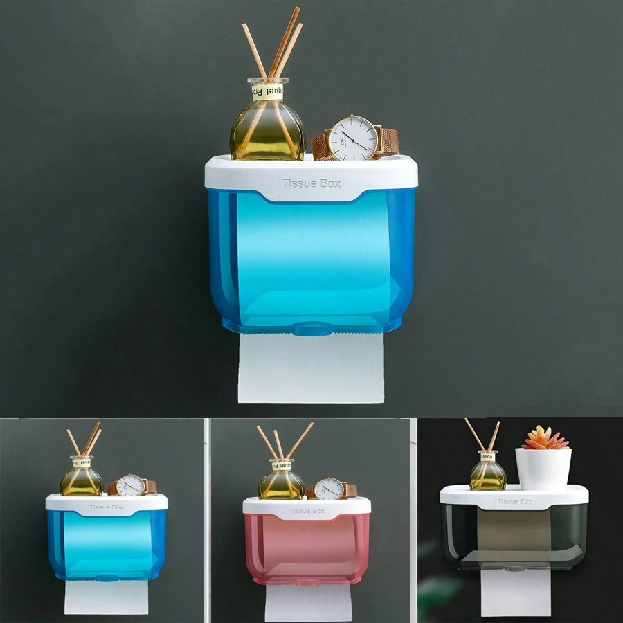 1pc Wall-Mounted Toilet Paper Holder With Tissue Dispenser & Storage Shelf, Multifunctional Bathroom Paper Roll Rack, Made Of Plastic Material, Comes With Double-Sided Adhesive For Easy Installation, Space-Saving Design For Home & Office - Multicolor - View 1