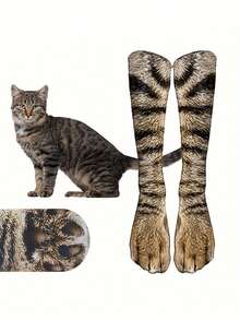 1 双（随机搭配）男士仿动物猫爪 3D 印花舒适柔软新颖中筒袜，适合休闲奇特装扮 - 彩色 - 查看 3