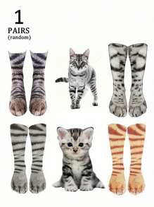 1 双（随机搭配）男士仿动物猫爪 3D 印花舒适柔软新颖中筒袜，适合休闲奇特装扮 - 彩色 - 查看 1
