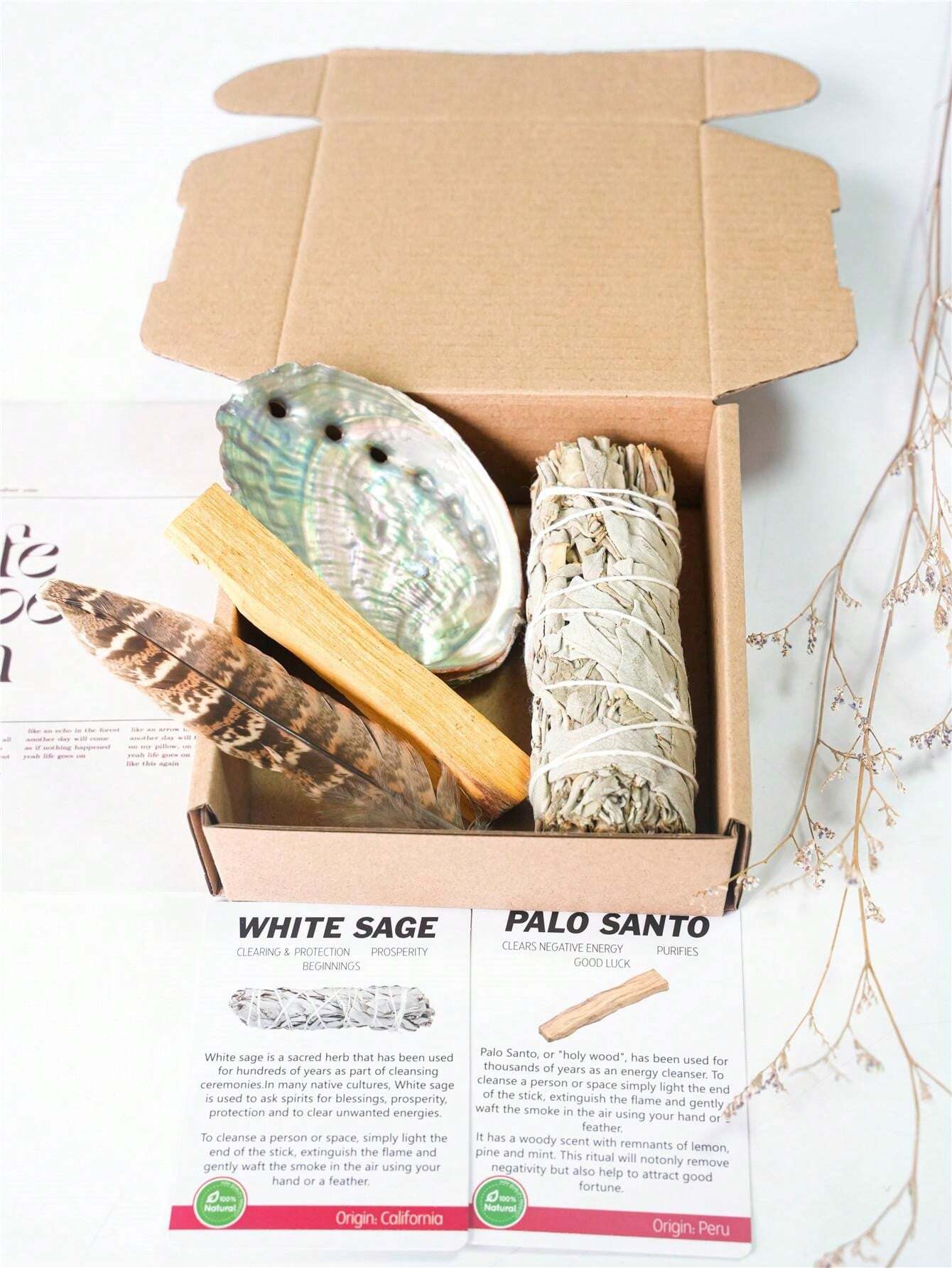 Sage Smudging Kit With Box, White Sage Bundle, Abalone Shell, Palo