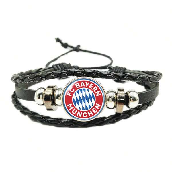 1pc Vintage Handmade Woven Leather Rope Bracelet With European League Club Logo & Gemstone Charm, Football Fan Accessory Best Gifts Birthday Graduation