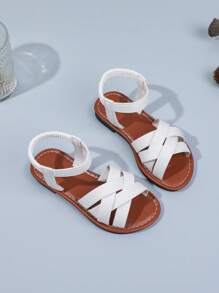 A Pair Of Girls' Round Toe Flat Sandals Elastic Band Design Soft-Soled Casual Beach Shoes Gladiator Sandals - White - View 2