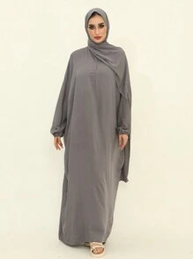 纯色罩袍 | 优雅的迪拜长袍和摩洛哥服饰 | 带头巾的简约伊斯兰服饰 | 和土耳其服饰适合祈祷、居家、户外、休闲装、服装柔软头巾、女士面纱 - 長袍款包頭巾 - 查看 7