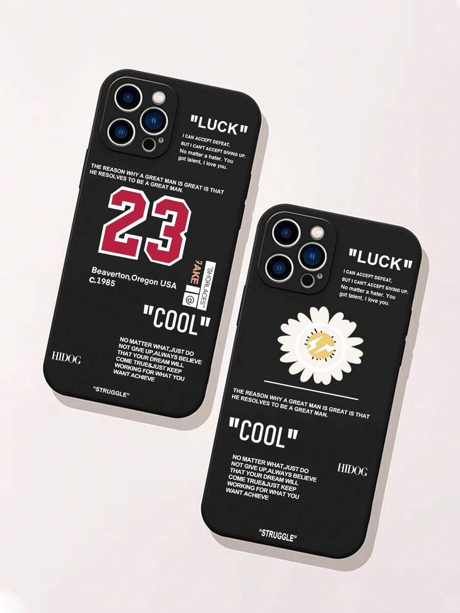 2 件/套标语、雏菊印花、数字 23 图案情侣手机壳，适用于 iPhone 和 Galaxy - 彩色 - 查看 1