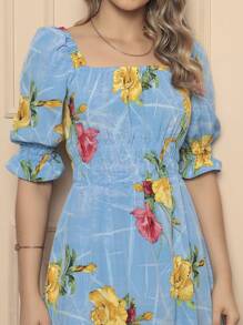 Women's Midi Dress | Crepe With Elastec L Flower L Shoulder To Shoulder. - 水鴨藍 - 查看 2