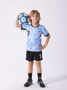 2pcs/Set Tween Boy Numeric Print Crew Neck Short Sleeve T-Shirt And Shorts Sports Suit, Suitable For Casual & Sports Wear