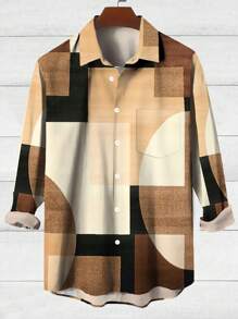 Plus Size Men Vintage Geometric 3D Digital Printing Button Pocket Long Sleeve Shirt - Khaki - View 4