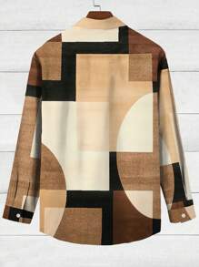 Plus Size Men Vintage Geometric 3D Digital Printing Button Pocket Long Sleeve Shirt - Khaki - View 3