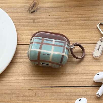Retro Blue & Brown Plaid + Carabiner Earphone Case Compatible With Apple 4/3/2, Pro 2/1/3, Protective Film Needs To Be Peeled Off Before Use