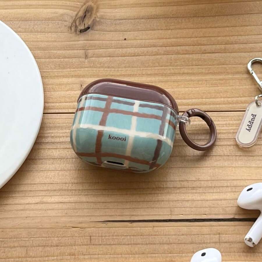 复古蓝棕色格子耳机保护套，带登山扣，兼容苹果 4/3/2、Pro 2/1/3，使用前需撕掉保护膜。 - 藍色 - 查看 1