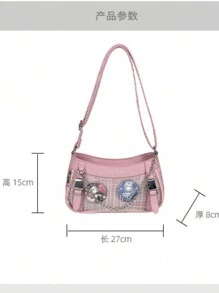 日系原宿风时尚Y2K学院风可爱链条透明徽章Ltabag女生休闲百搭单肩斜挎包 - 粉色 - 查看 4