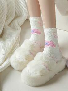 1 đôi tất trắng nữ có hoa màu hồng tất mùa đông ấm áp mềm mại thoải mái tất cổ cao cổ mềm mại - trắng - Xem 3