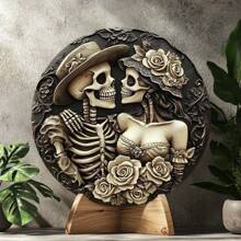 1pc Gothic Skull Couple Metal Sign - 8x8 Inch Round Wreath Wall Art, Suitable For Kitchen, Living Room, Office - Captivating Day Of The Dead And Holiday Decor - Multicolor - View 6
