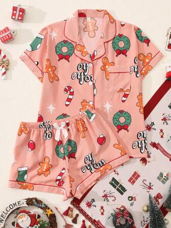 2pcs Gingerbread Man&Candy Canes Graphic Christmas Elements Funny Print Short Sleeve Collar Blouse And Bow Shorts Christmas Pajamas Set For Women