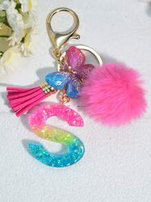 1 pièce Porte-clés en résine à lettres bicolores, pendentif de sac mode avec pompon à gland papillon, cadeau pour amis et école