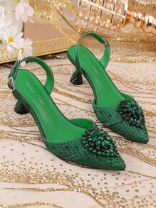 Venus Chan- Green Colour Wedding High Heels For Women Italy Design Rhinestone Decorate Pointed-Toe Gorgeous Parties 2024 INS Lady Plus Size Shoes Party Pumps - Green - View 1