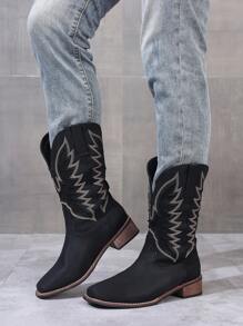 Botas vaqueras de hombre de puntera cuadrada y horma ancha para otoño/invierno, botas vaqueras de hombre de tacón cuadrado, botas de montar bordadas con láser en negro, botas altas de media pantorrilla de talla grande - Negro - Ver 2