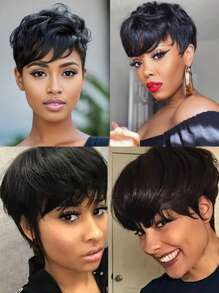 Pixie Cut Wig With Bangs Glueless Human Hair Straight Wigs Non-Lace Rose Net Cap 180% Density Machine Made Remy Suitable For African Women Basic Style Women's Pixie Cut Wig With Bangs