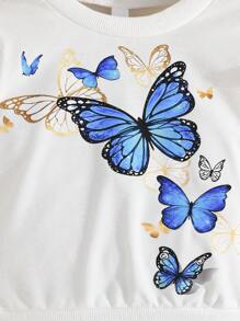 Baby Girl Butterfly Print Cap Sleeve Top And Casual Comfortable Pants Set