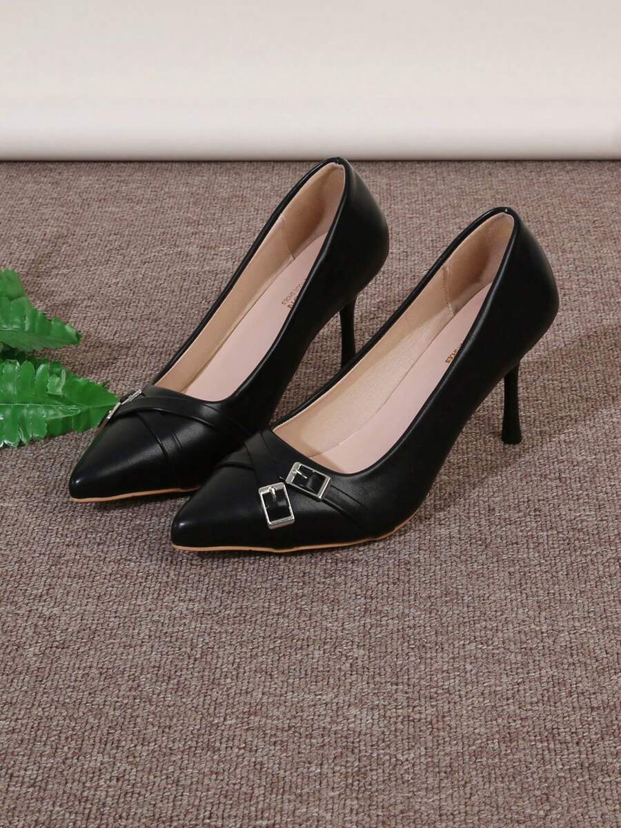 女士尖头细高跟鞋，带扣装饰，优雅仙女风格 - 黑色 - 查看 1
