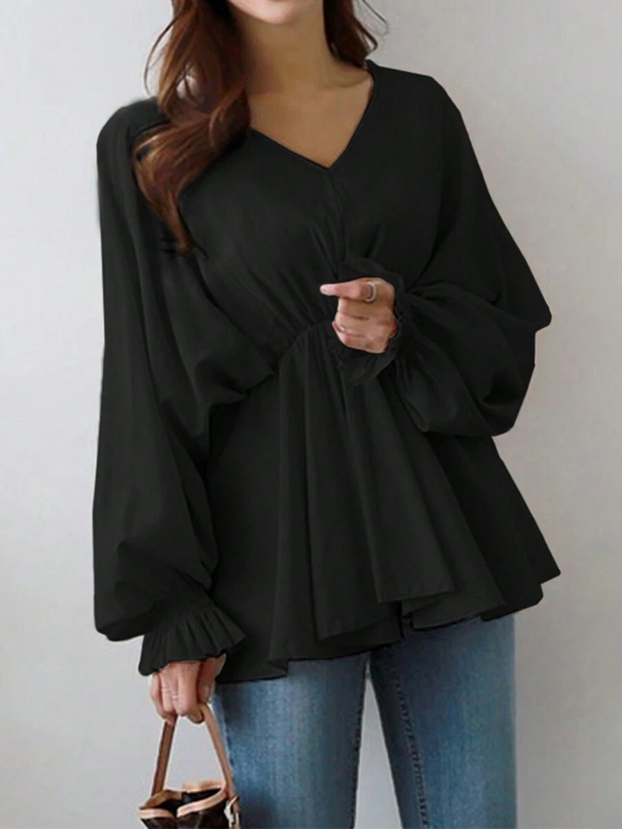 女士休闲不对称V领褶裥腰部宽松灯笼袖长袖衬衫，春夏款