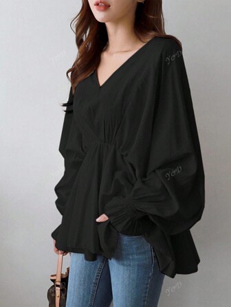 Women's Daily Simple V-Neck Asymmetrical Shirts In Spring And Summer Women's Loose Pleated Waist Shirts Casual Lantern Sleeves Women's Long-Sleeved Shirts