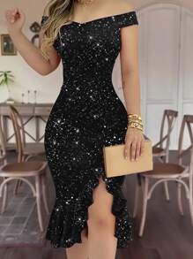 Off Shoulder Sexy Solid Color High Slit Elegant Ruffle Hem Glitter Party Dress, Spring/Summer