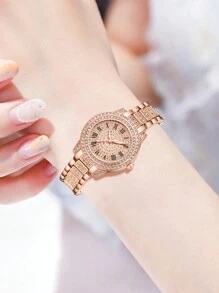 6pcs Gorgeous Style Women's Alloy Steel Band Quartz Watch With Rhinestone Set, Three Eyes Roman And Alloy Gold Jewelry Set, Heart Point Rhinestone Evening Party Valentines - Rose Gold - View 5