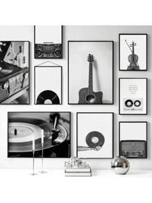 1 buc. Imprime muzicale alb-negru, retro, disc de vinil, chitară, afiș, artă de perete, pictură pe pânză, imagine nordică pentru sufragerie, decorațiuni interioare, fără cadru