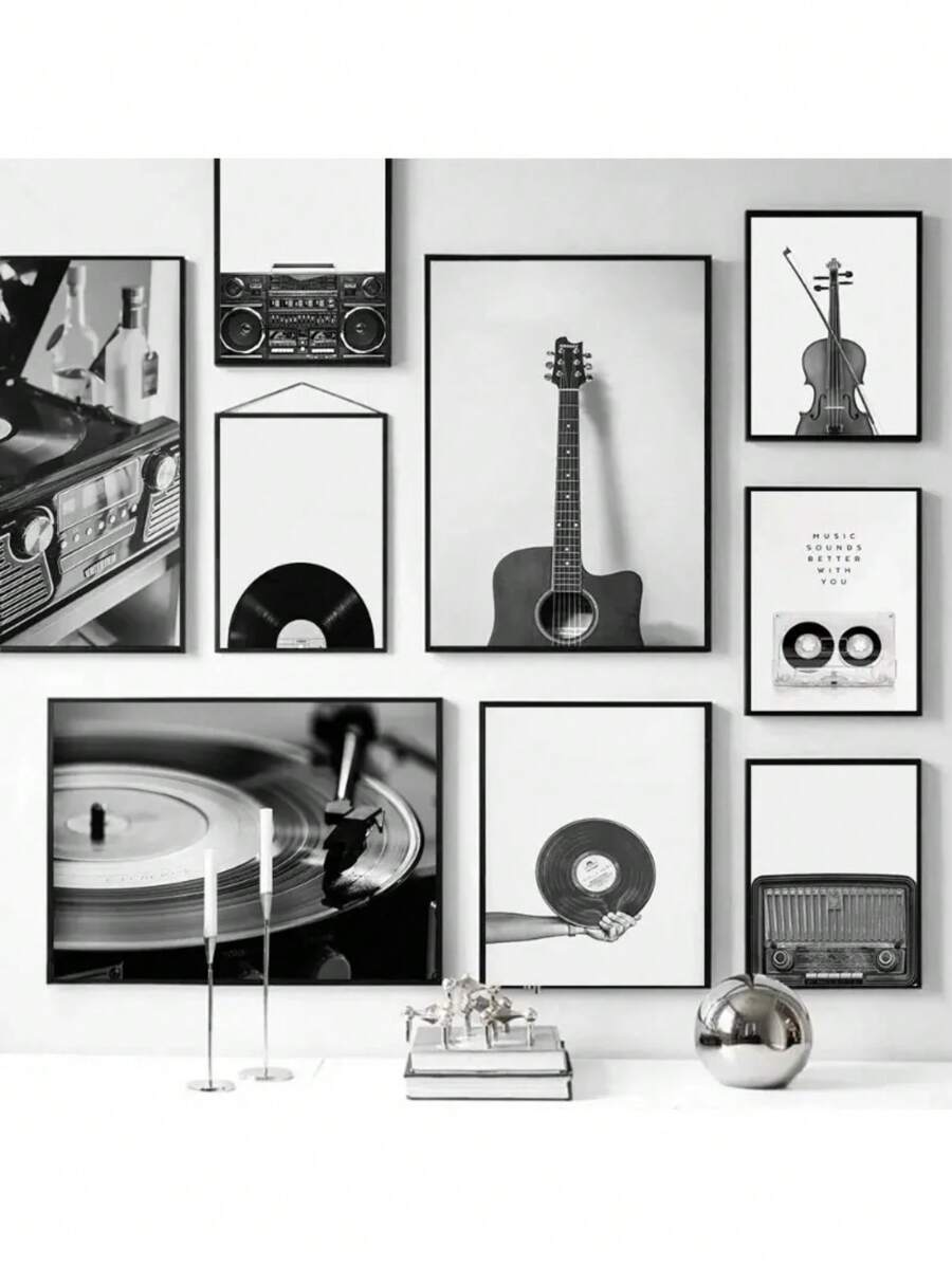 1 buc. Imprime muzicale alb-negru, retro, disc de vinil, chitară, afiș, artă de perete, pictură pe pânză, imagine nordică pentru sufragerie, decorațiuni interioare, fără cadru