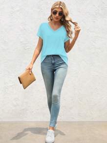 Huskary Womens Short Sleeve V Neck Dolman Tops With Side Shirring Loose Fit Shirts - màu ngọc lam - Xem 5