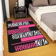 1pc Leopard And Zebra Print Area Rug, Pink Black White Animal Pattern, Polyester Non-Slip Backing, Home Decor Accent Carpet For Living Room, Bedroom, Office, Geometric Hunting Decoration Mat