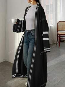 Cárdigan largo de punto elegante con rayas blancas en el borde, elegante, de moda casual de Europa y Estados Unidos para mujeres en otoño e invierno