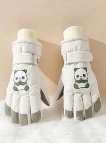 1 双儿童熊猫印花防水加厚保暖冬季手套，适合骑自行车、户外滑冰、雪地