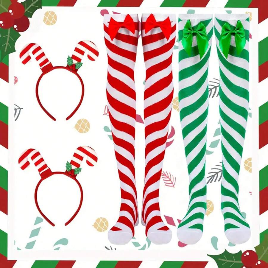 4pcs Christmas Candy Cane Headband And Socks Set, Includes 2pcs Candy Cane Headbands And 2 Pairs Of Candy Cane Knee High Socks, Suitable For Women And Girls Christmas Party Costume Prom - Multicolor - View 1