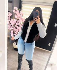 BLACK AND GREY TONE PLUSH SLEEVE JACKET - Black - View 1