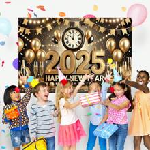 1 Pezzo Striscione Riutilizzabile per Festa di Capodanno con Decorazioni in Oro - Orologio, Palloncino, Bicchiere di Champagne, Decorazione Multifunzionale per Celebrazioni di Capodanno, Sfondo Decorativo da Parete per Interno ed Esterno, Disponibile in Varie Dimensioni (210*150/150*100/100*75CM)