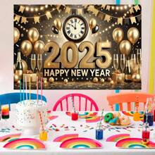 1 Pezzo Striscione Riutilizzabile per Festa di Capodanno con Decorazioni in Oro - Orologio, Palloncino, Bicchiere di Champagne, Decorazione Multifunzionale per Celebrazioni di Capodanno, Sfondo Decorativo da Parete per Interno ed Esterno, Disponibile in Varie Dimensioni (210*150/150*100/100*75CM)