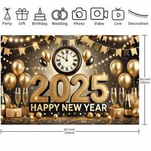 1 Pezzo Striscione Riutilizzabile per Festa di Capodanno con Decorazioni in Oro - Orologio, Palloncino, Bicchiere di Champagne, Decorazione Multifunzionale per Celebrazioni di Capodanno, Sfondo Decorativo da Parete per Interno ed Esterno, Disponibile in Varie Dimensioni (210*150/150*100/100*75CM)