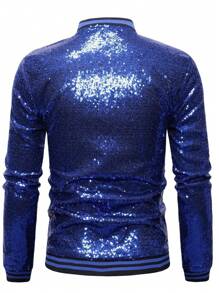 Men's Shiny Sequin Stage Performance Jacket, Nightclub/Bar Bomber Jacket - Royal Blue - View 2