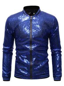 Men's Shiny Sequin Stage Performance Jacket, Nightclub/Bar Bomber Jacket - Royal Blue - View 1