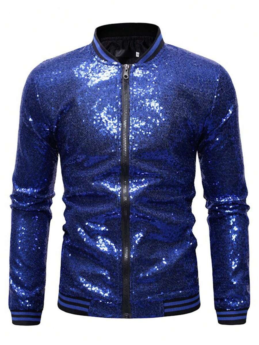 Men's Shiny Sequin Stage Performance Jacket, Nightclub/Bar Bomber Jacket - Royal Blue - View 1