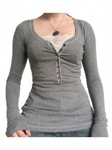 Women Teen Girls Clothes Lace Stitching V-Neck Fairy Crop Tops Y2K Long Sleeve Tight Shirt Spring Fall Downtown Girl Coquette Clothing Tops For Girls - 灰色 - 查看 1